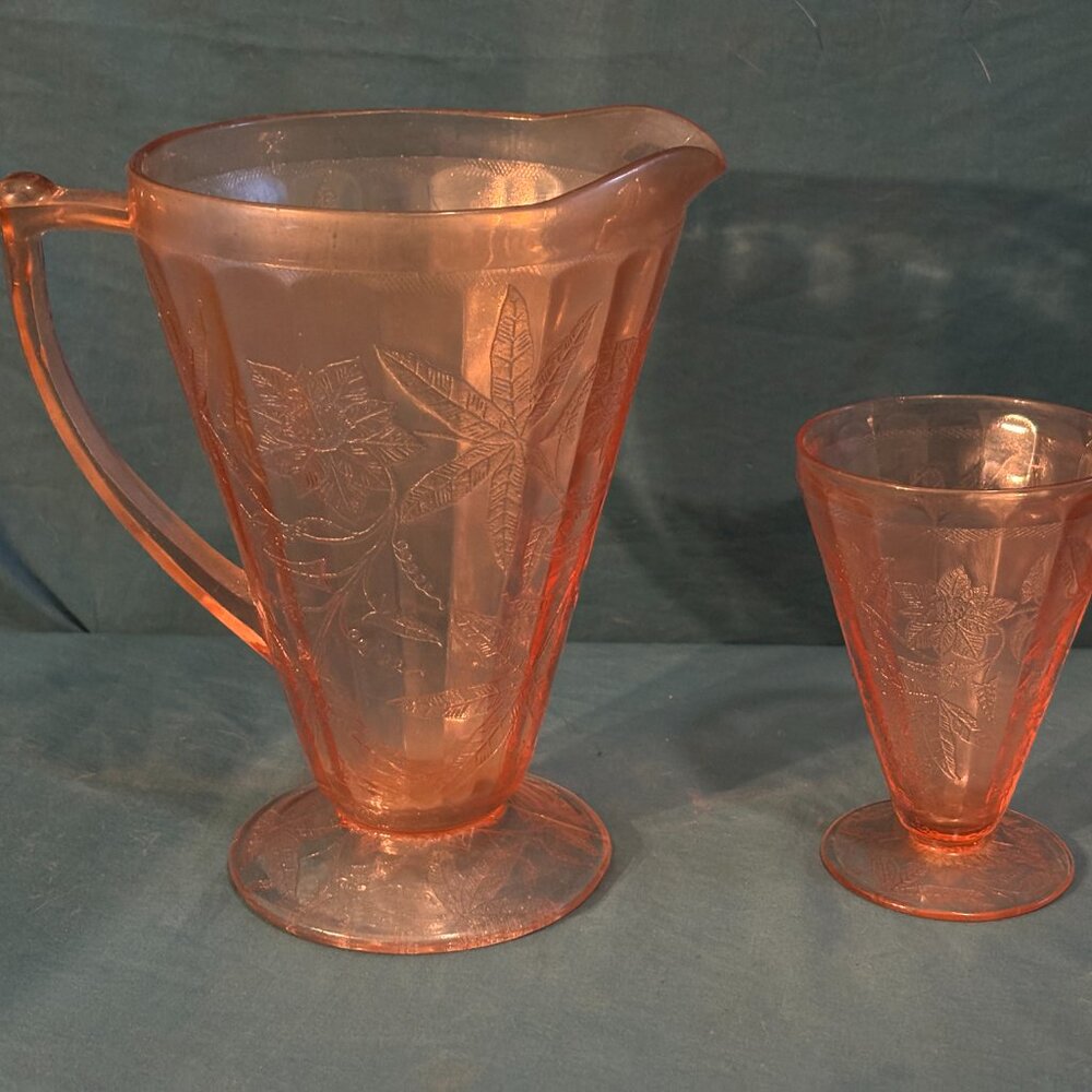Vintage Jeannette Poinsettia Pink Depression Glass Footed Pitcher with 1 Glass